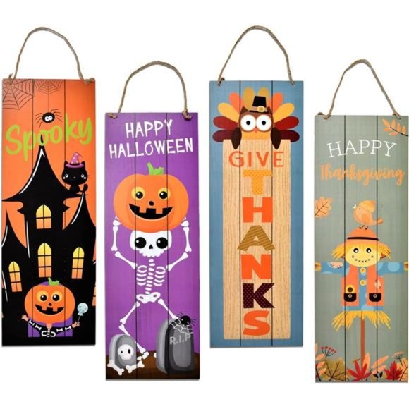 Thanksgiving Fall Welcome Sign Set of 2 Hanging Wood Double Sided 17"x 6" - Picture 3 of 7